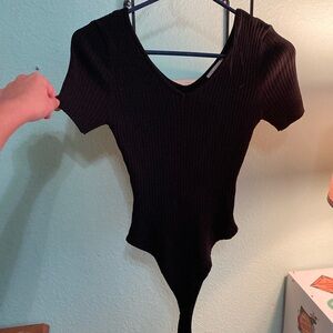 Love Tree Black Ribbed Short Sleeve Bodysuit